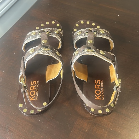 Michael Kors Brown Leather Sandal with Gold Embellishment Women Size 8 - Picture 8 of 14